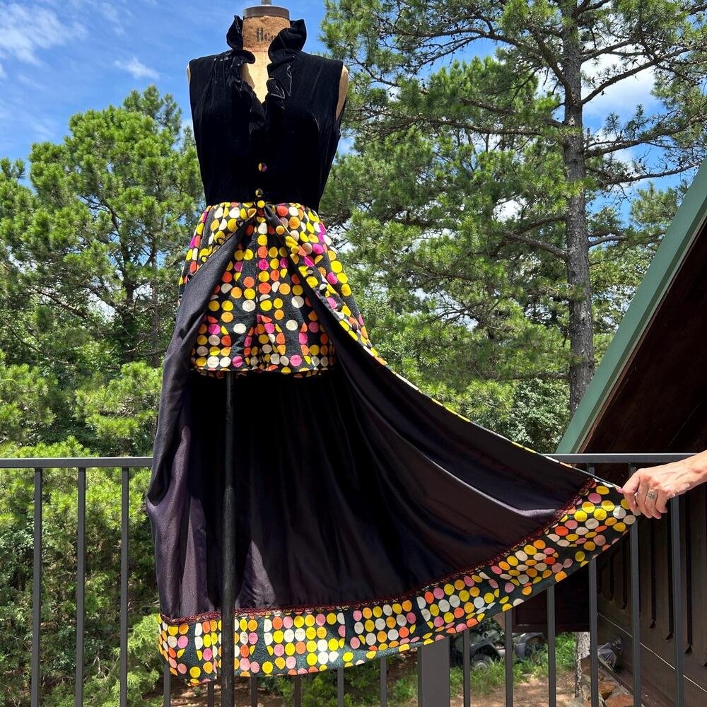 Vintage Black Maxi Dress with Multicolor Polka Dot Trim